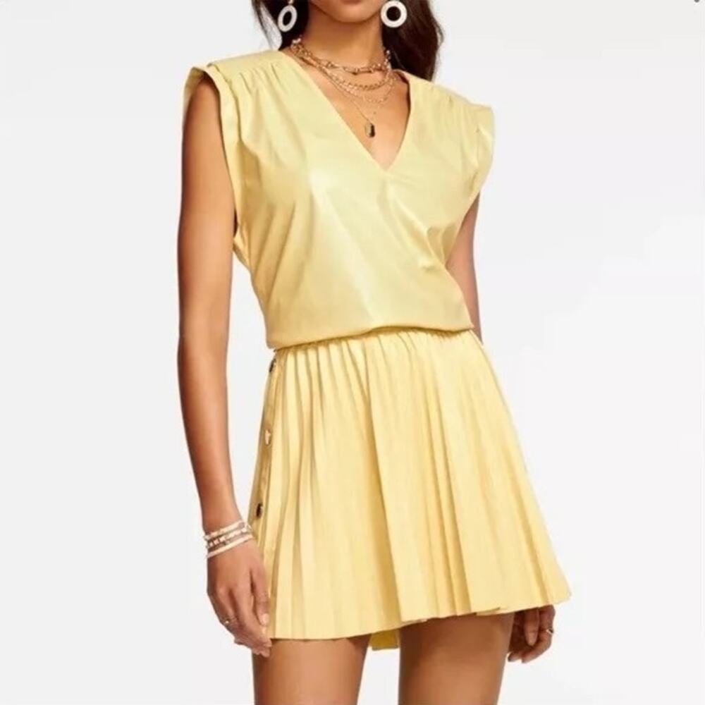 Ramy Brook New York Effie Pleated Faux Leather Gold Button Mini Dress 8 Yellow